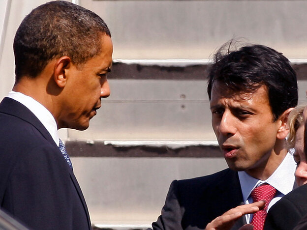 President Obama talks with Louisiana Gov. Bobby Jindal