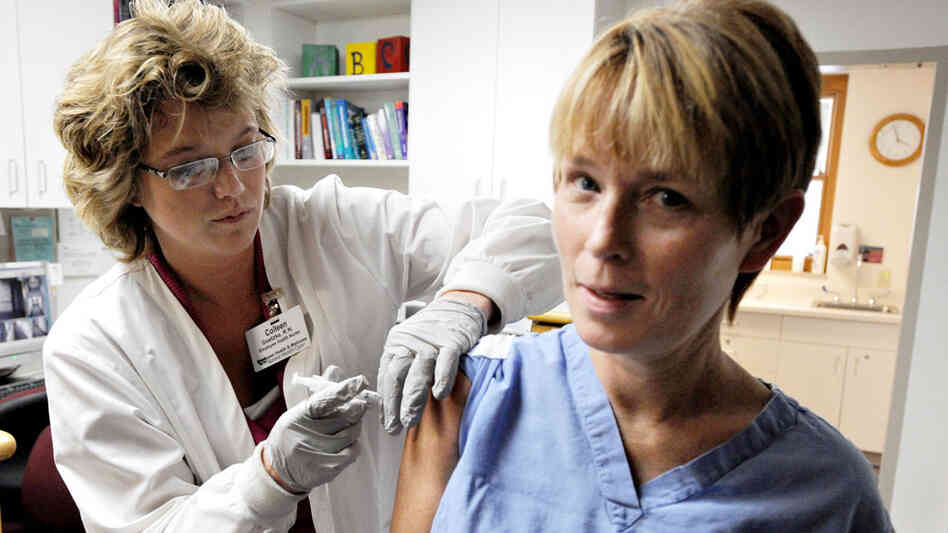 A wide-angle view of a nurse administering the swine flu vaccine into a patients upper arm. A wide-angle view of a nurse administering the swine flu vaccine into a patients upper arm.
