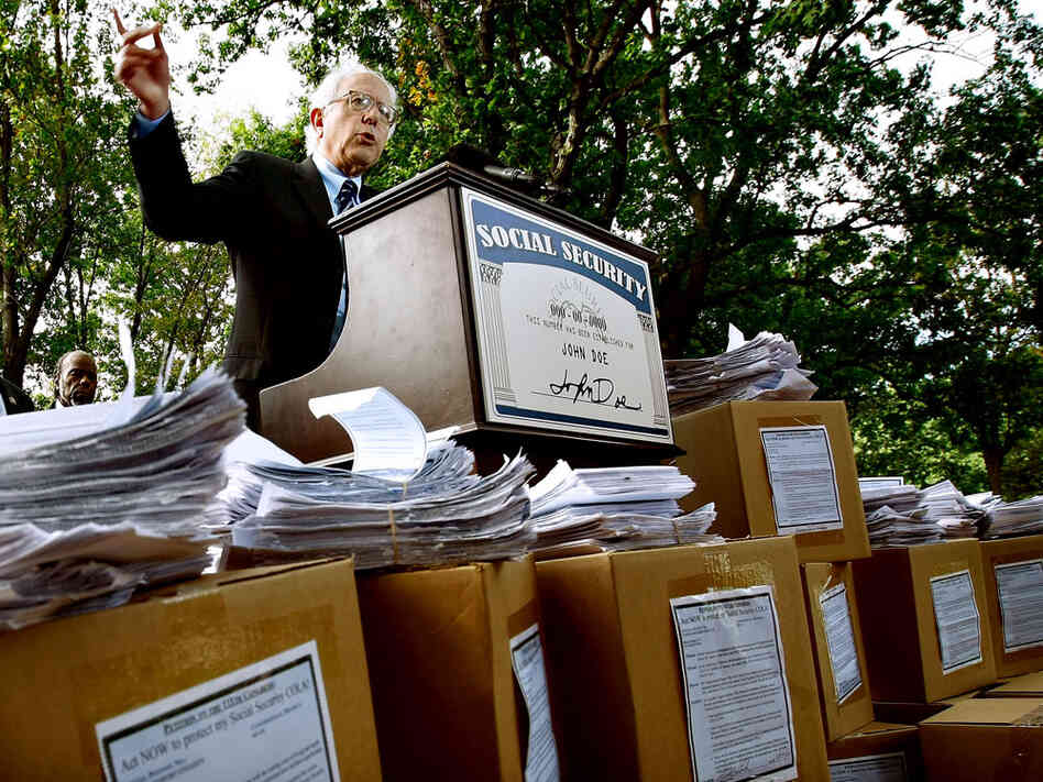 Sen. Bernie Sanders (I-VT) speaks about petitions urging Congress to pass a $250 check for seniors.