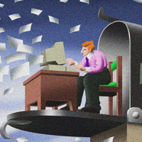 Man at a desk as documents rain down.