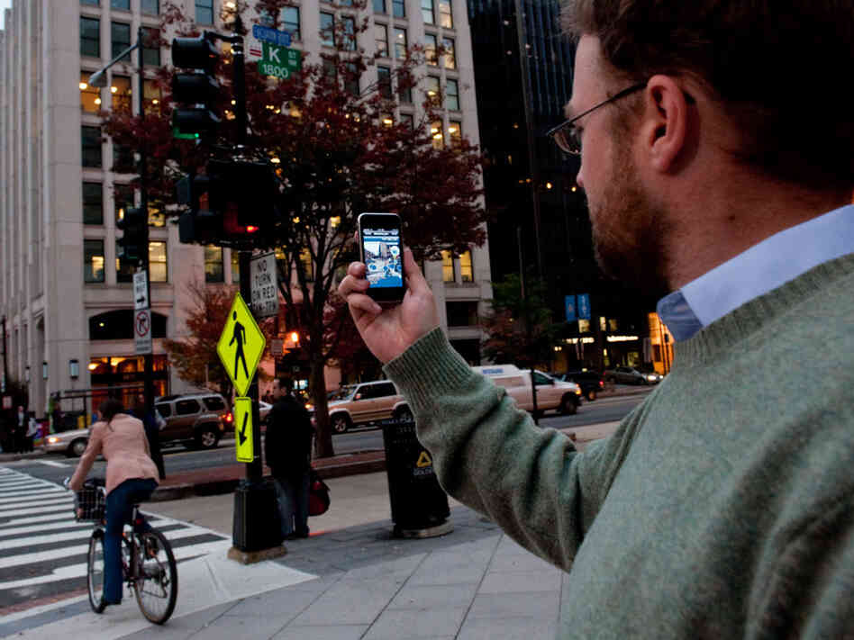Using a Layar-enabled iPhone. Ryan Gibbons/NPR