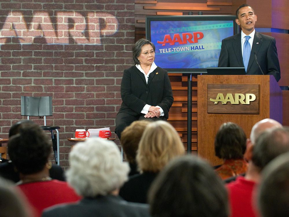 President Obama speaks about healthcare during a meeting at AARP headquarters.
