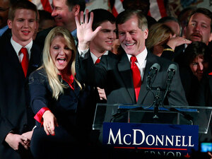 Republican Bob McDonnell and his wife, Maureen McDonnell, greet the crowd at his victory party Tuesday in Richmond, Va. McDonnell beat out Democratic challenger Creigh Deeds in Virginia's governor's race.