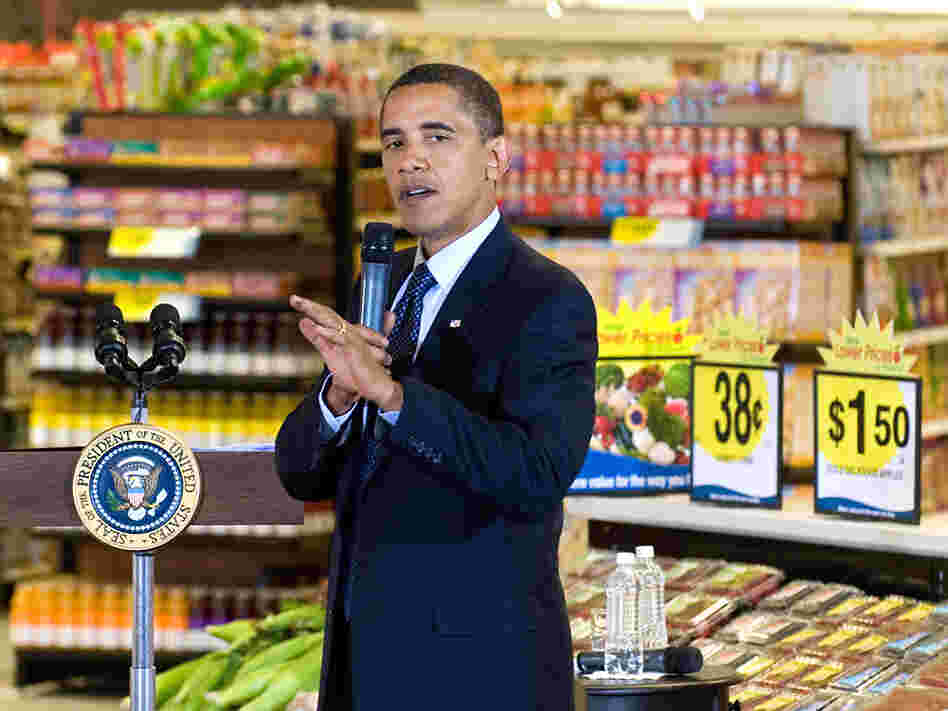 President Obama speaks during a townhall meeting on health care at a Kroger's grocery