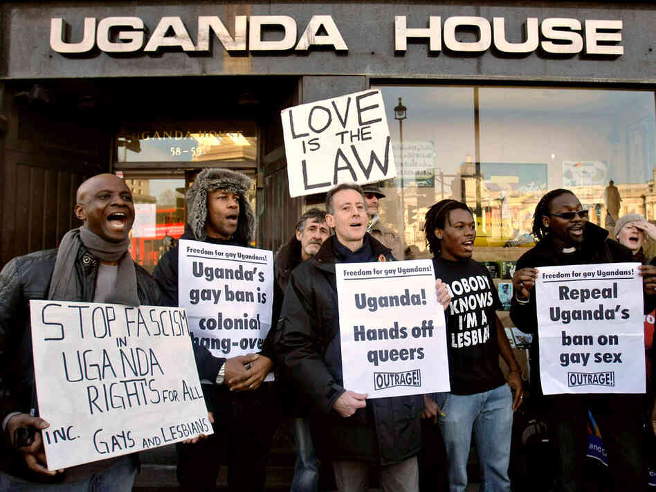 Gay rights demonstrators protest outside the Uganda High Commission in London, Dec. 10, 2009.