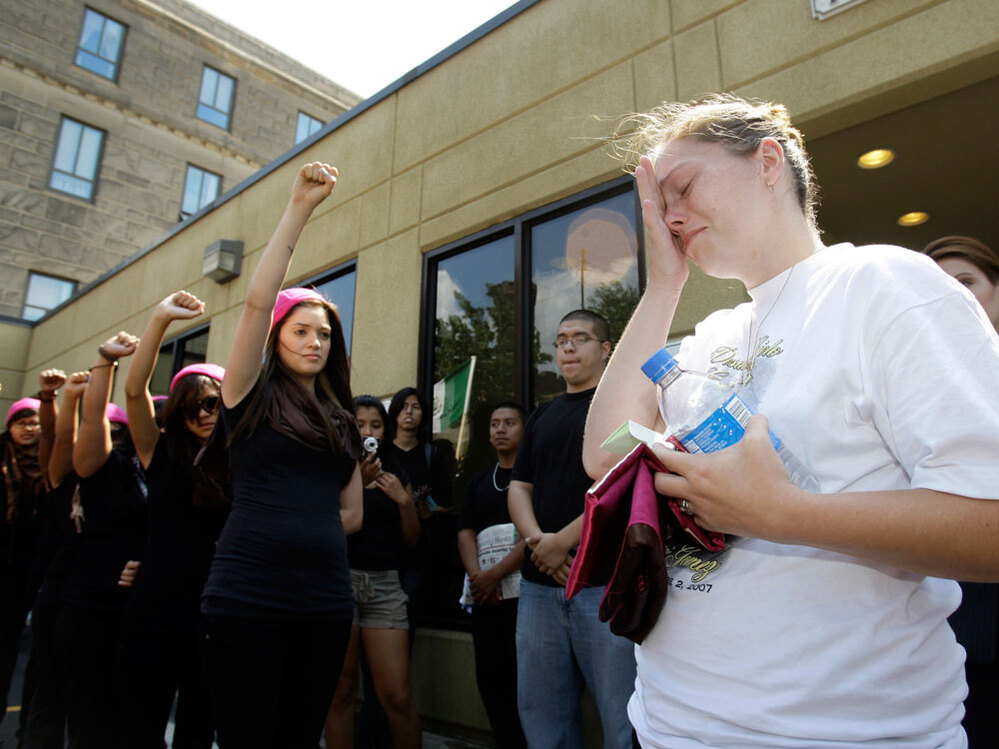 Crystal Dillman, the fiancee of Luis Ramirez, is moved to tears outside the courthouse.