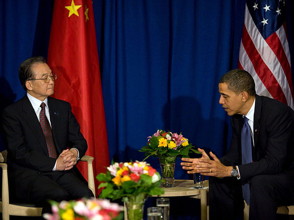 President Obama talks with Chinese Premier Wen Jiabao at a meeting at the U.N. climate summit.
