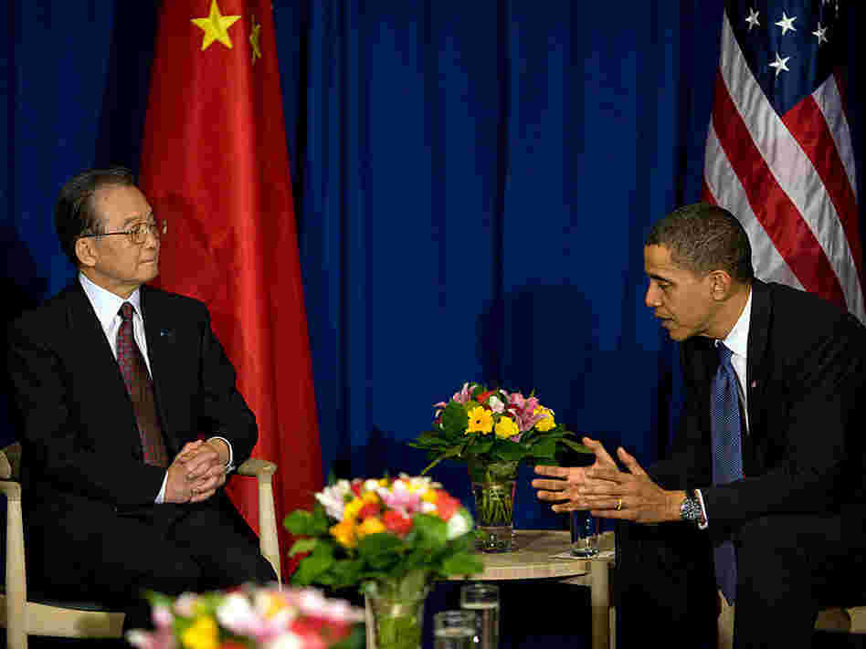 President Obama talks with Chinese Premier Wen Jiabao at a meeting at the U.N. climate summit.