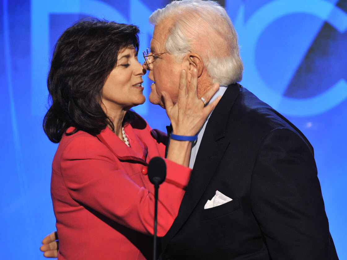 Sen. Edward Kennedy receives a kiss from his wife Vicki. Paul J. Richards/AFP/Getty Images