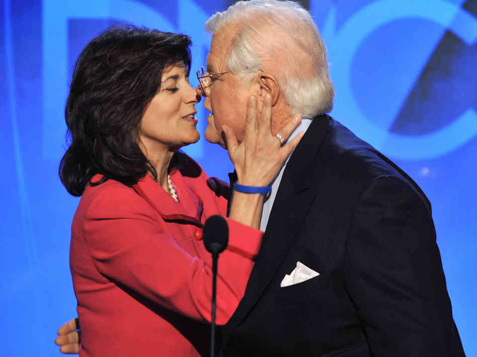 Sen. Edward Kennedy receives a kiss from his wife Vicki. Paul J. Richards/AFP/Getty Images