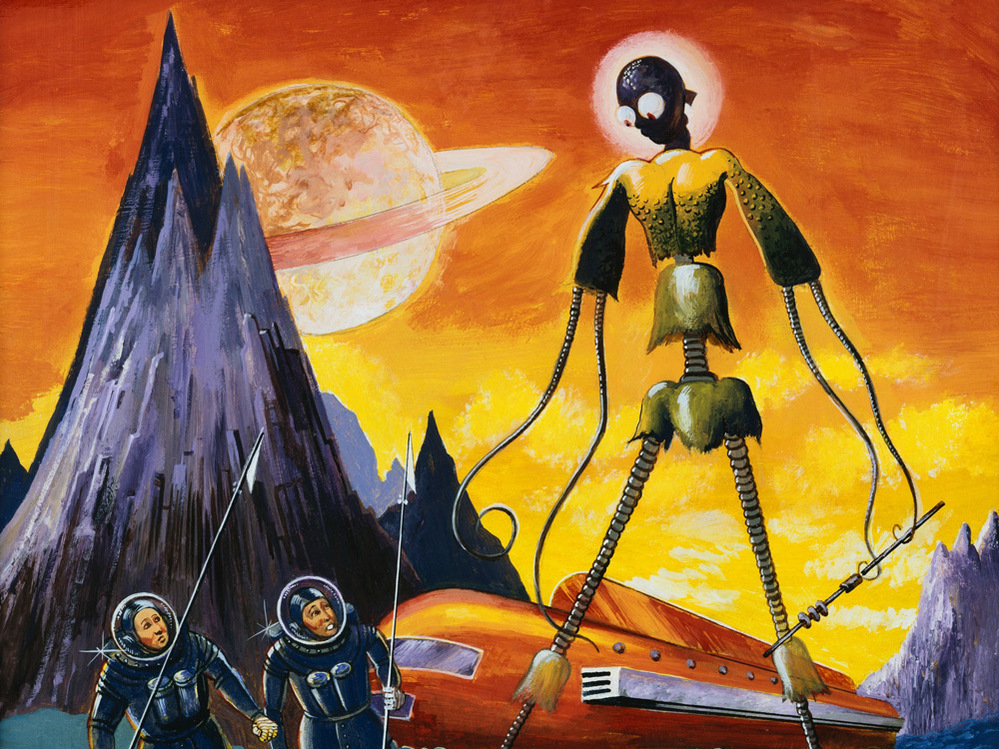 Painting of Extraterrestrial Alien with Two Astronauts by Anton Brzezinski --- Image by Forrest J. A