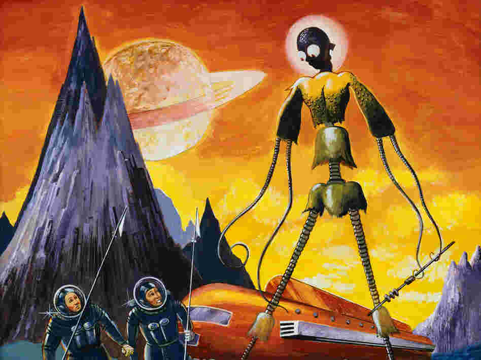 Painting of Extraterrestrial Alien with Two Astronauts by Anton Brzezinski --- Image by Forrest J. A