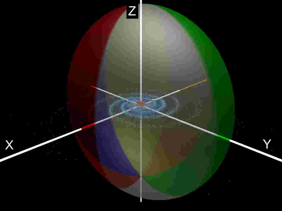 A "squashed beachball" representation of the dark matter halo surrounding the Milky Way Galaxy.