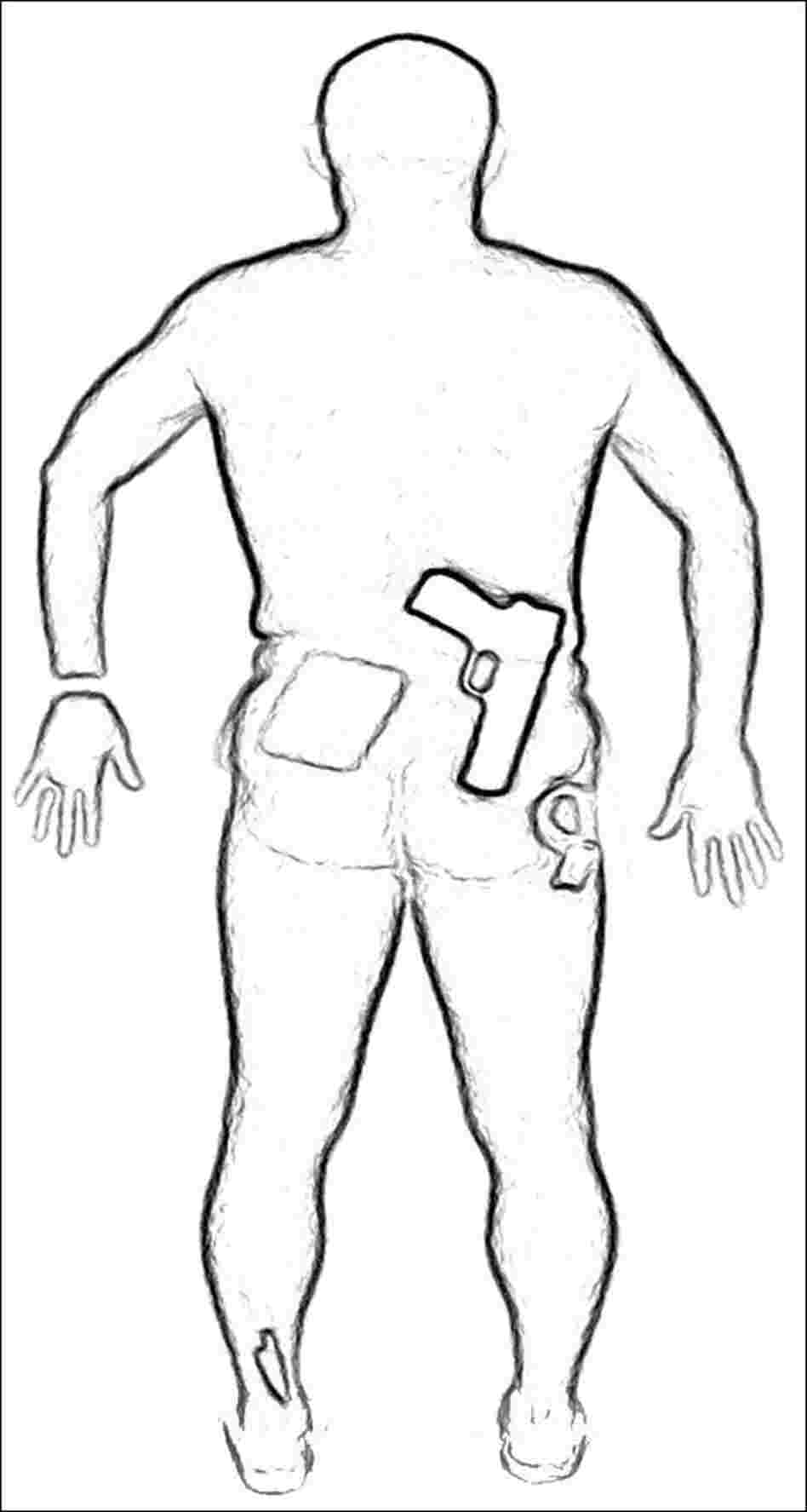 Back image of a man's scan, with simulated weapons visible Back image of a man's scan, with simulated weapons visible