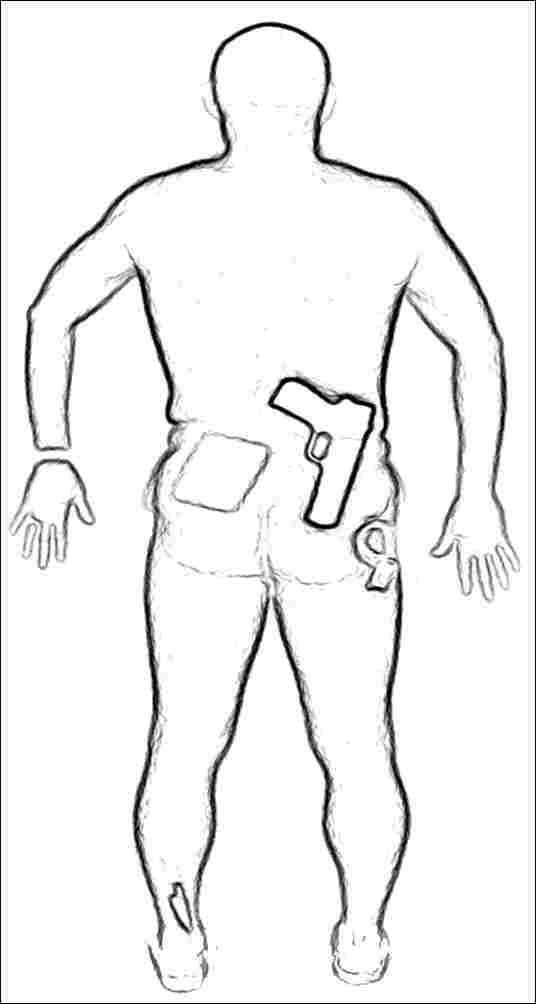 Back image of a man's scan, with simulated weapons visible Back image of a man's scan, with simulated weapons visible