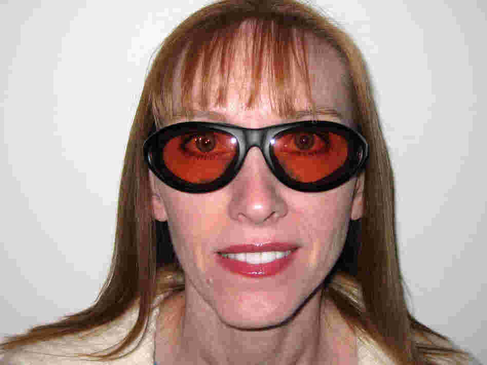 Paula Cofer wears protective goggles due to complications with Lasik.