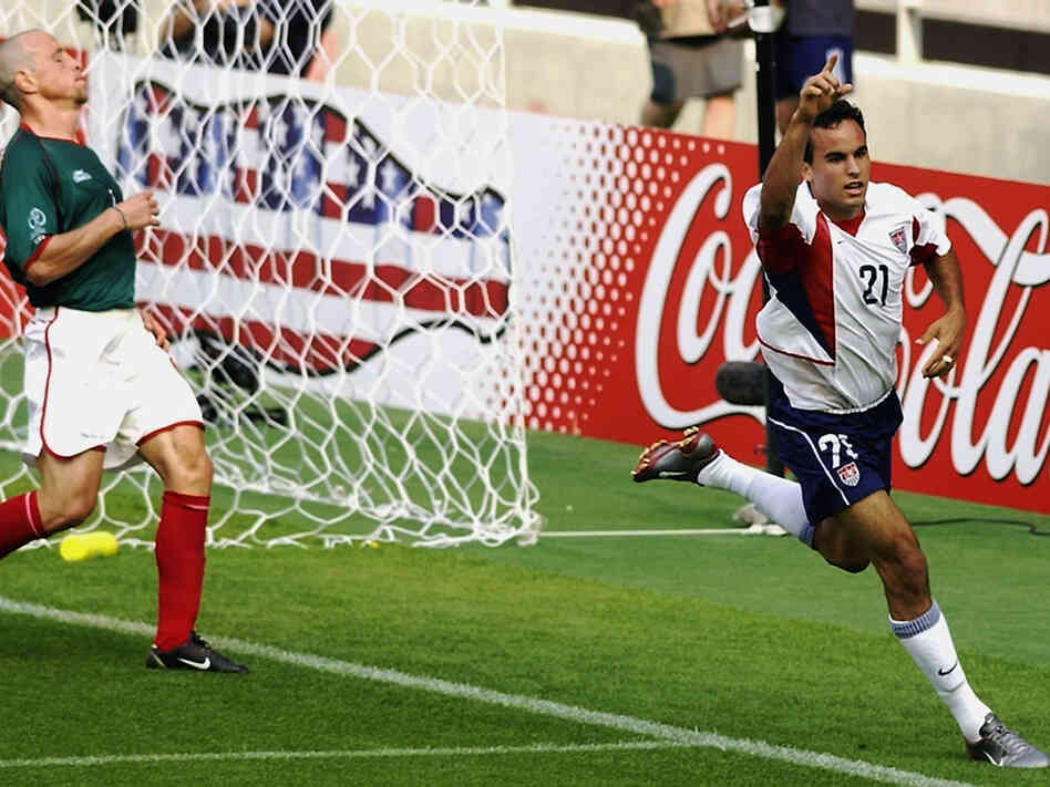Landon Donovan, of the U.S. soccer team, scores a goal during a 2002 World Cup match against Mexico. Landon Donovan, of the U.S. soccer team, scores a goal during a 2002 World Cup match against Mexico.
