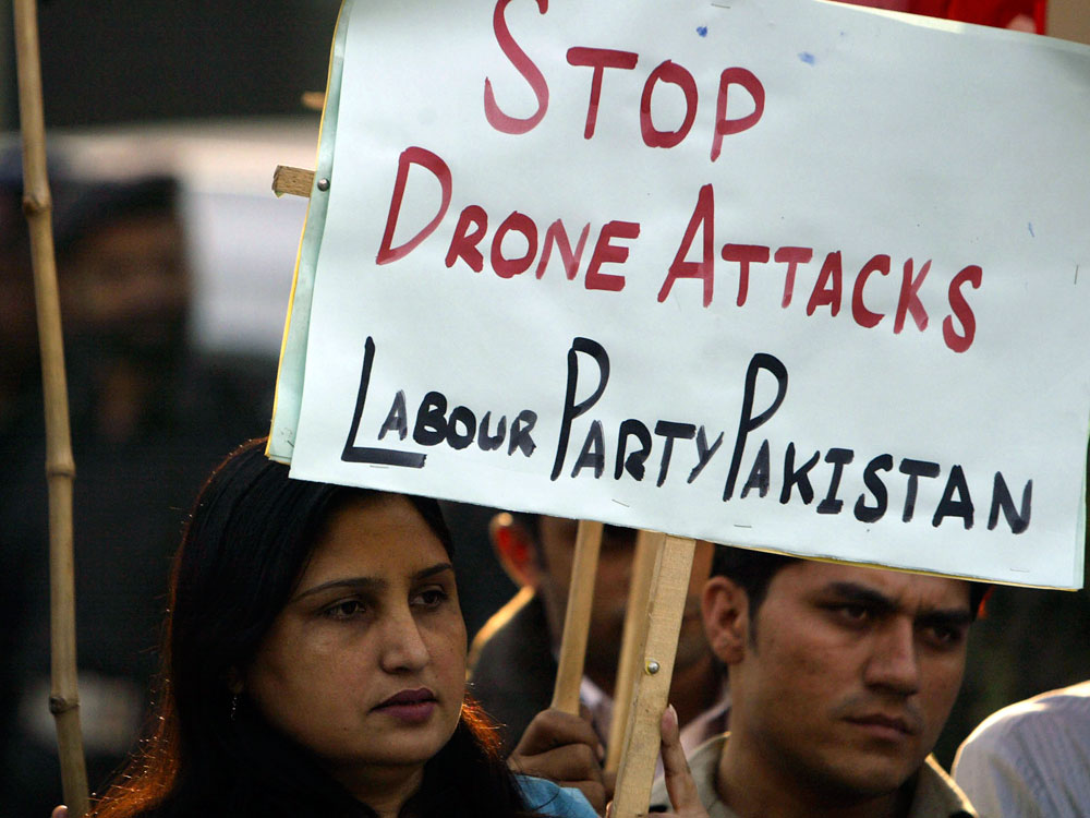 Supporters of the Pakistani Labour Party rally against the United States and condemn drone attacks.
