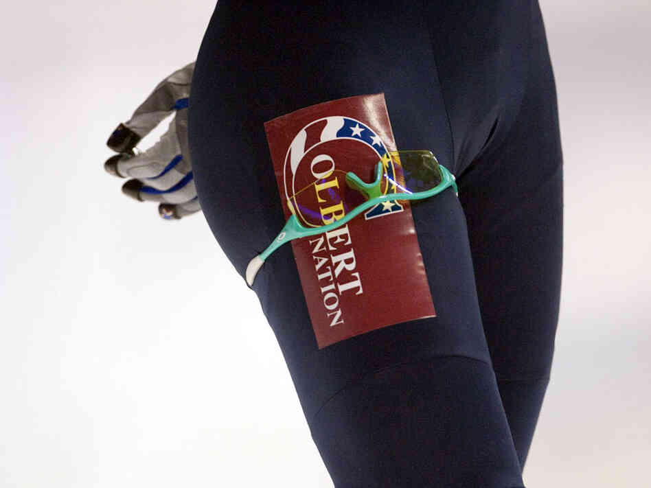 Katherine Reutter, member of the US speed skating team, is sporting a 'Colbert Nation' patch.
