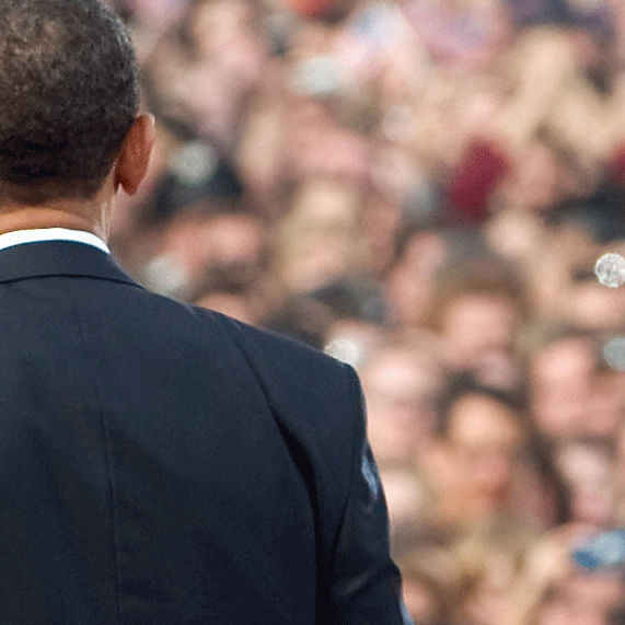 President Obama stands before a crowd in Hradcany Square, Prague