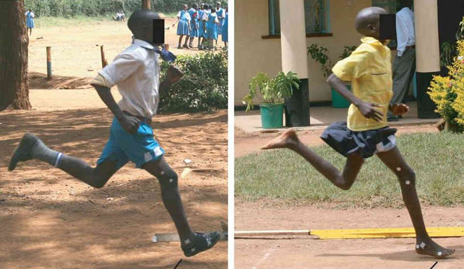 Two runners: one with shoes, one without. Two runners: one with shoes, one without.
