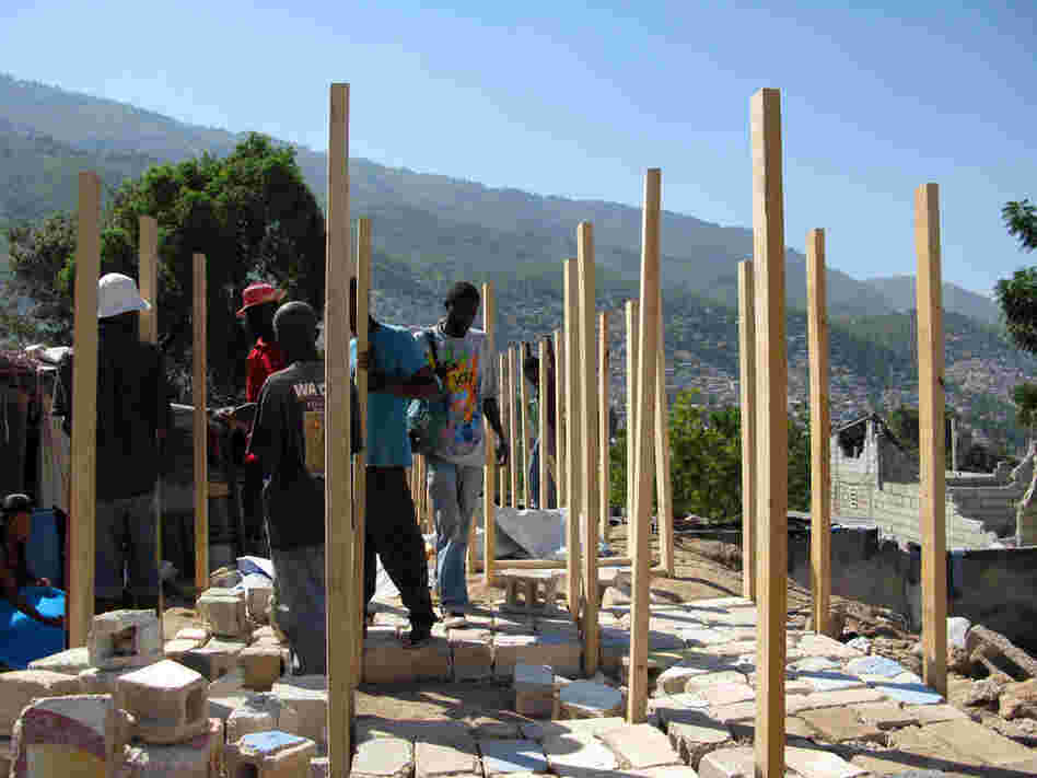 Latrines and showers being built near a survivors' camp just outside of Port-au-Prince.