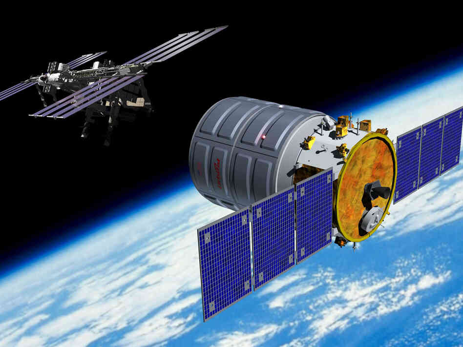 An artist's illustration of Cygnus spacecraft approaching the International Spac