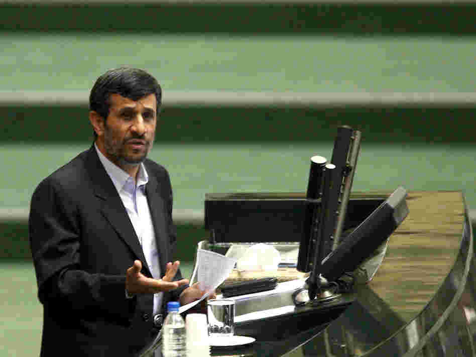 Iranian President Mahmoud Ahmadinejad addresses a parliamentary session in Tehran on Jan. 24