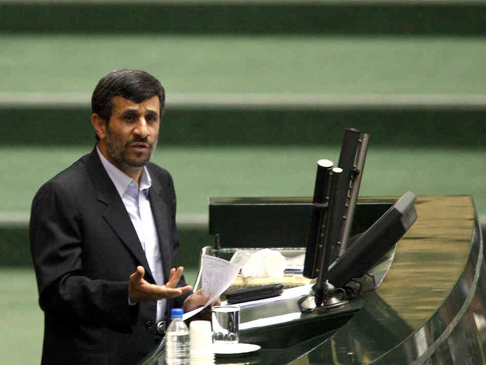 Iranian President Mahmoud Ahmadinejad addresses a parliamentary session in Tehran on Jan. 24