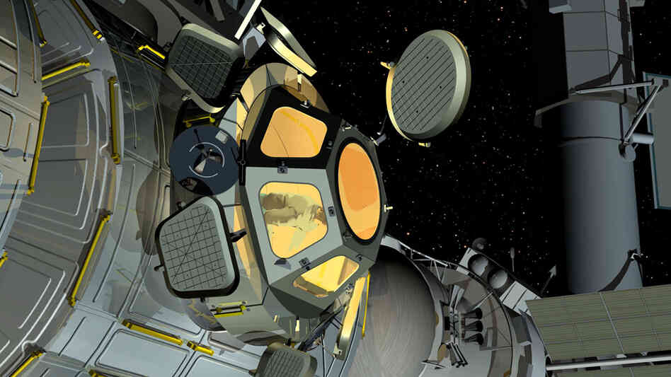 An artist's rendering of the International Space Station with the addition of the new viewing dome. An artist's rendering of the International Space Station with the addition of the new viewing dome.