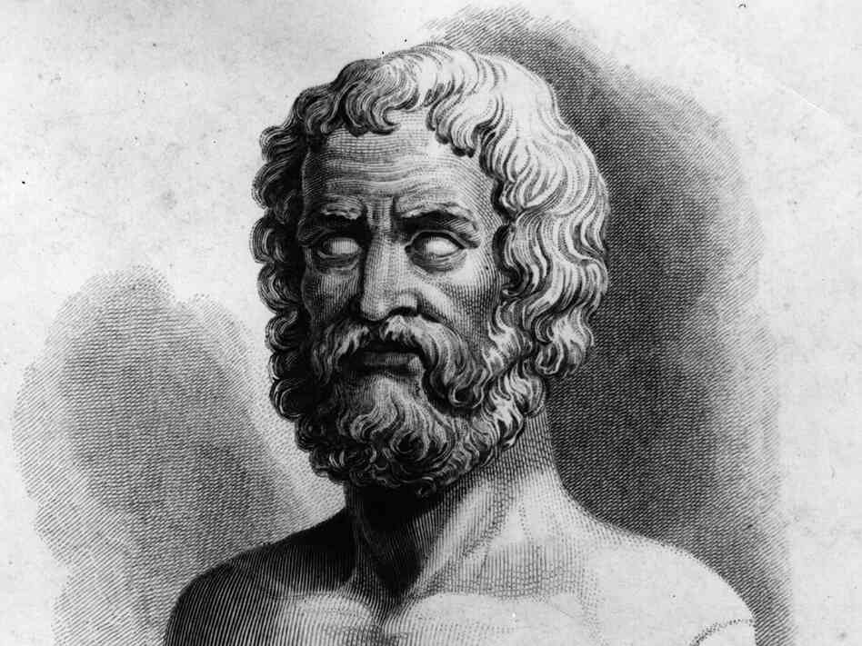 A depiction of Hesiod, a 750 B.C. poet who railed against the devalution of values in society.