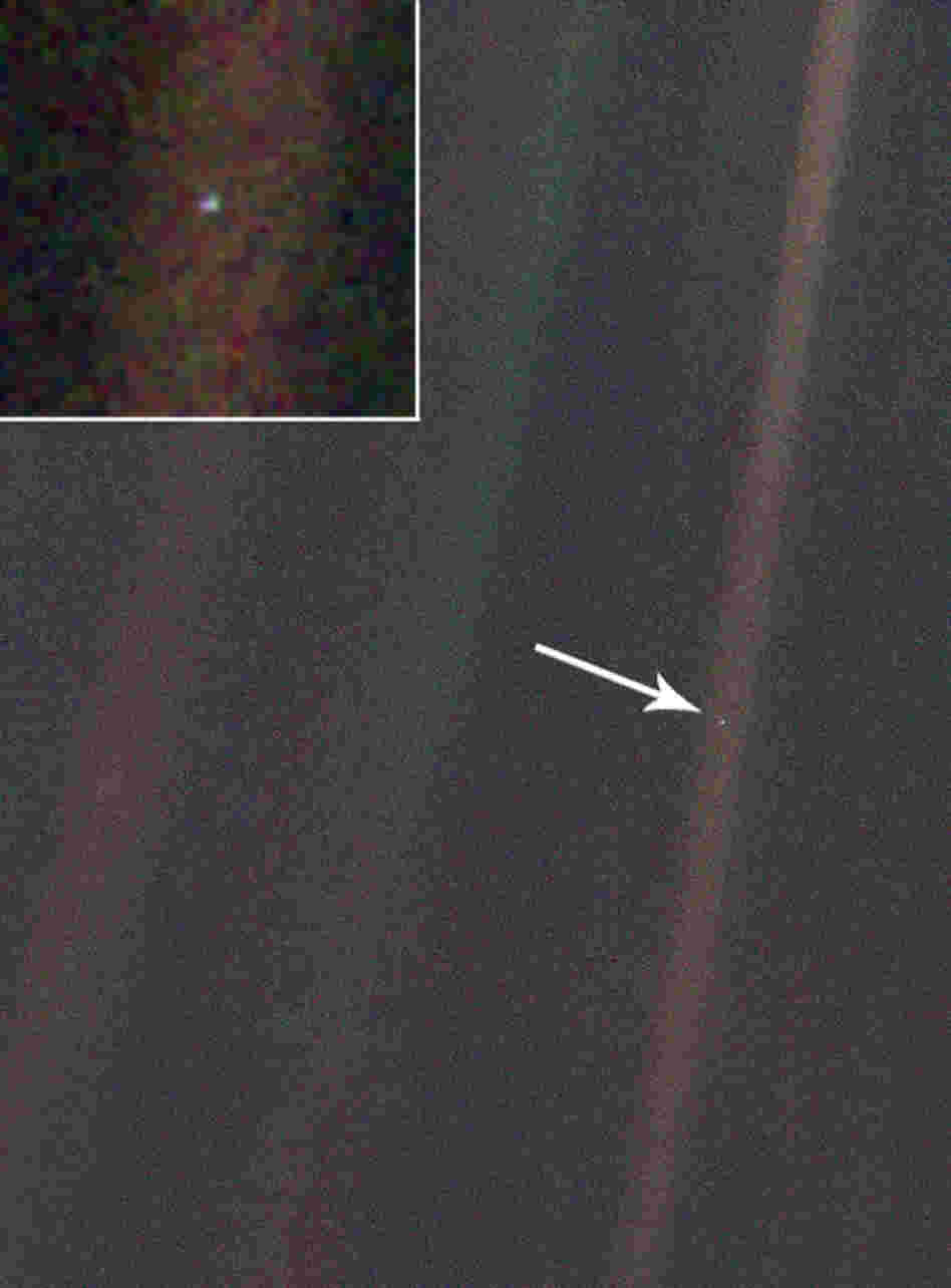 Taken in 1990 by NASA's Voyager 1 spacecraft, the "Pale Blue Dot" photo of Earth. Taken in 1990 by NASA's Voyager 1 spacecraft, the "Pale Blue Dot" photo of Earth.