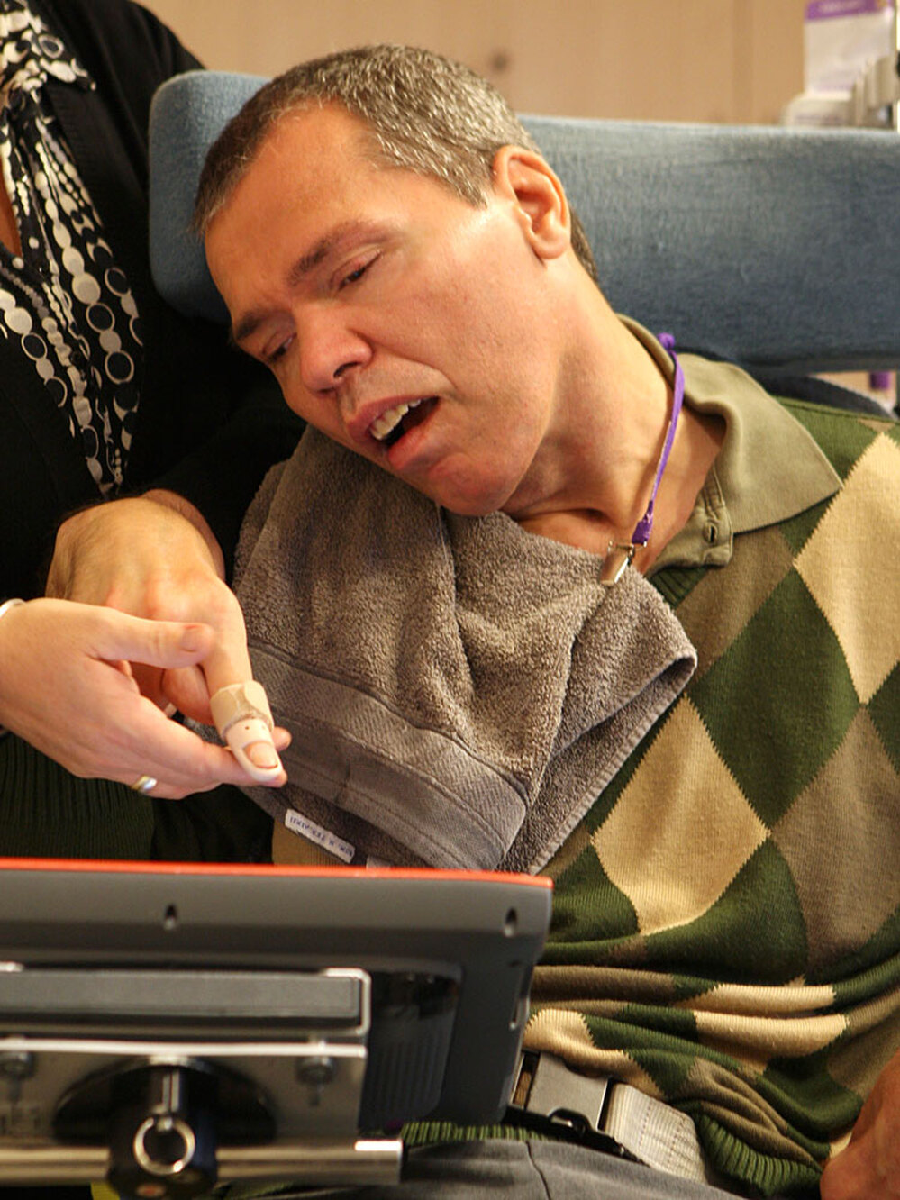 Belgium's Rom Houben appears to use a touch screen to communicate during a November 2009 interview.