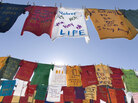 A sexual assault prevention campaign displays T-shirts with anti-rape slogans. A sexual assault prevention campaign displays T-shirts with anti-rape slogans.