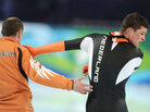 Sven Kramer of Netherlands reacts with coach Gerard Kemkers after being disqualified. Sven Kramer of Netherlands reacts with coach Gerard Kemkers after being disqualified.