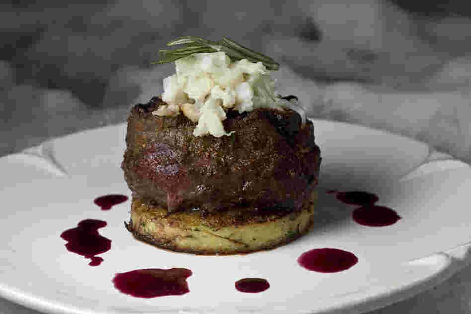 A venison steak served over smashed cauliflower. A venison steak served over smashed cauliflower.