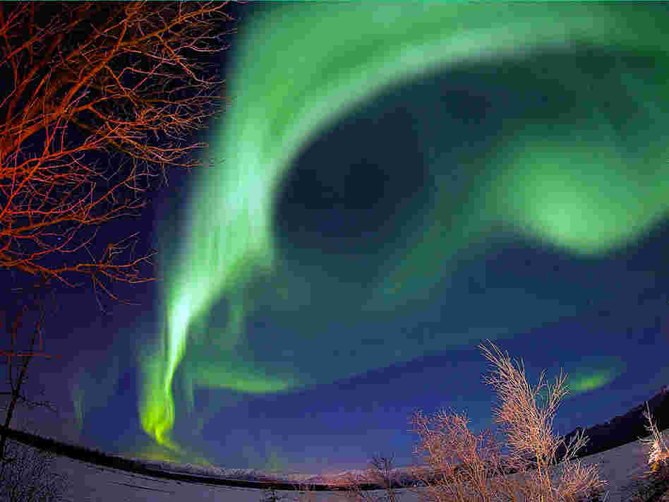 The northern lights dance over the Knik River near Palmer, Alaska.