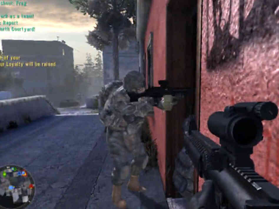 Screengrab from America's Army depicting a team of soldiers preparing to clear a house.
