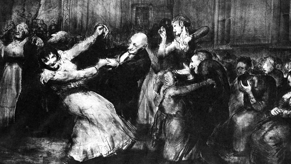 A lithograph of men and women dancing in a mental asylum, 1917.