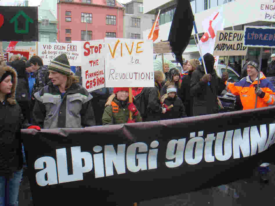 Demonstrators in Iceland take to the streets to protest a proposed debt referendum.