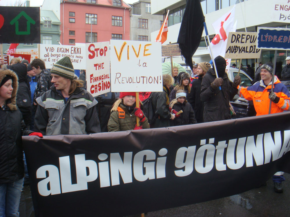 Demonstrators in Iceland take to the streets to protest a proposed debt referendum.
