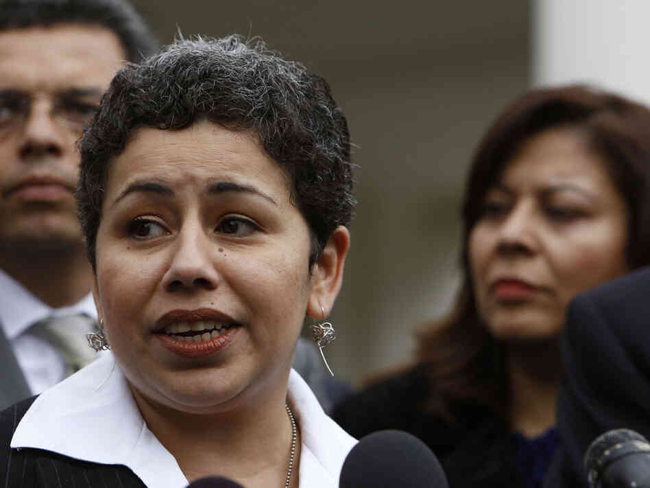 Clarissa Martinez de Castro of the National Council of La Raza talks to reporters.