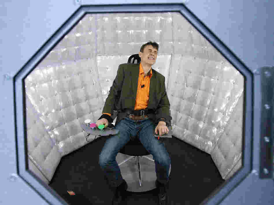 Actor Laurent Le Doyen plays the role of a man shocked on a game show