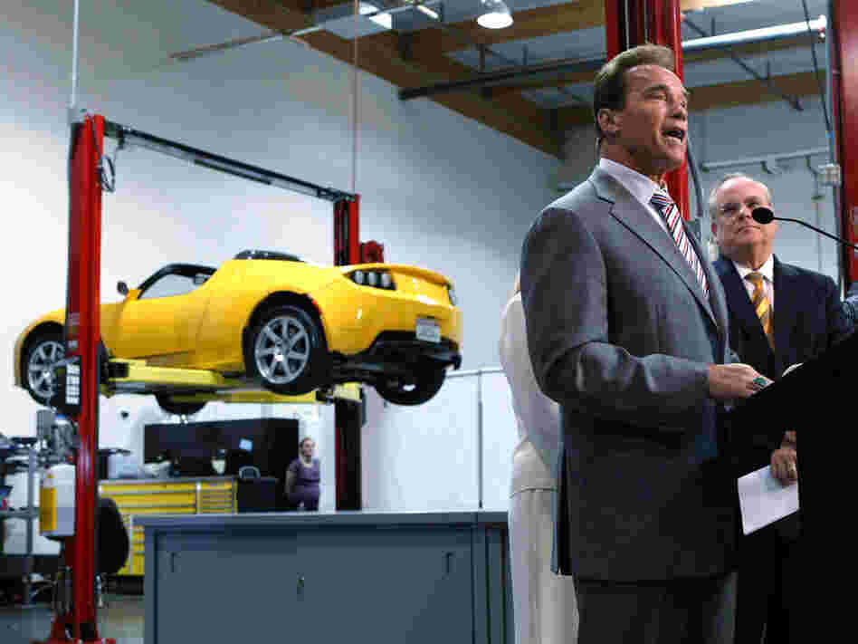 Gov. Arnold Schwarzenegger at the Tesla Motor offices in San Carlos, Calif.