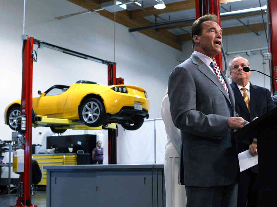 Gov. Arnold Schwarzenegger at the Tesla Motor offices in San Carlos, Calif.