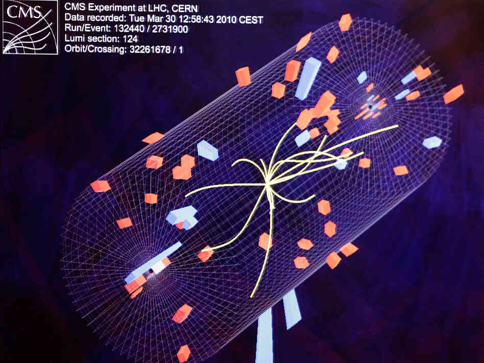 A diagram of the activity during a high-energy collision inside the Large Hadron Collider.