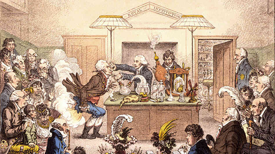 An illustration of Humphry Davy at the Royal Institution An illustration of Humphry Davy at the Royal Institution