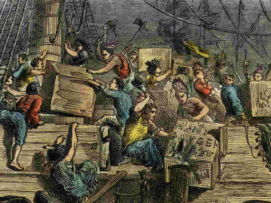 Dressed as American Indians, a group of Bostonians boards a British ship laden with imported tea.