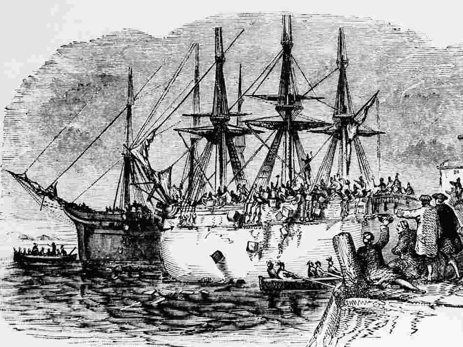 An old engraving depicts the Boston Tea Party of 1773