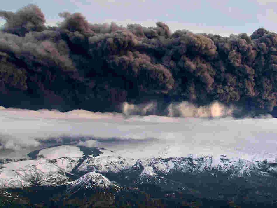 Smoke and steam hang over the Eyjafjallajokull volcano in Iceland.